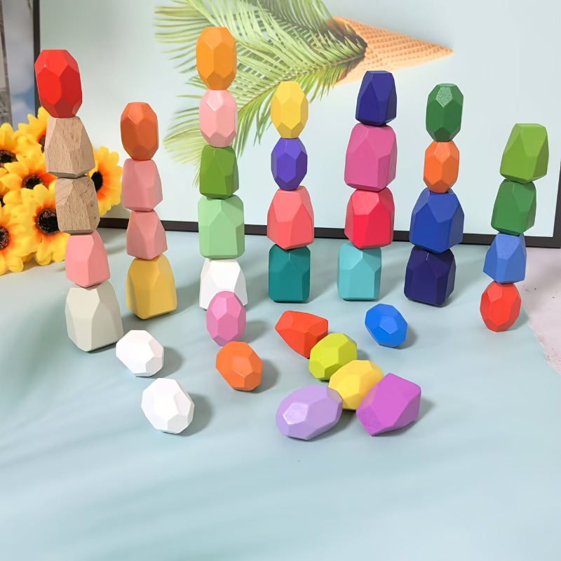 Party Games Easter For Kids - 20pcs Wooden Stacked Balance Stones Wood